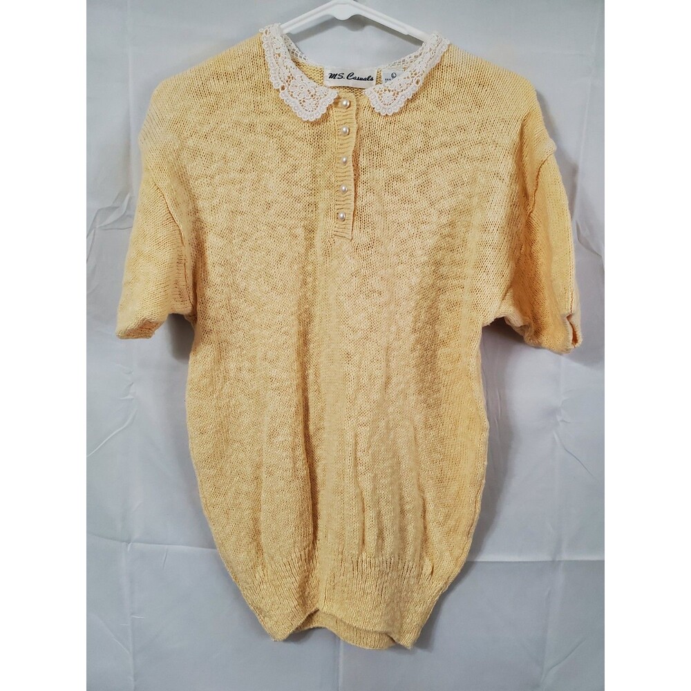 Vintage MS. Casuals Sweater Size Large Yellow Lace Collared Knit Short Sleeve
